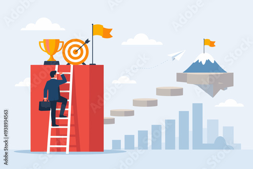 Businessman Climbing Ladder to Reach Target and Trophy, Aiming for Next Level Mountain Peak Goal, Career Growth and Success Concept, Business Achievement, Ambition, and Progress Strategy Vector