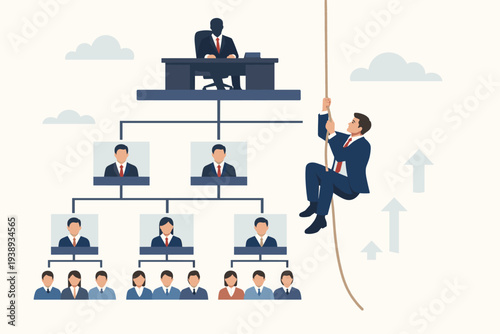 Career Path and Job Opportunity Concept with Businessman Climbing Rope to the Top of Corporate Hierarchy Organizational Chart for Success, Professional Development, and Promotion in Business.