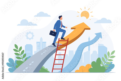 Businessman climbing ladder to a rising arrow path for career growth and job opportunity, professional development and transformation for business success, ambitious goal achievement concept.