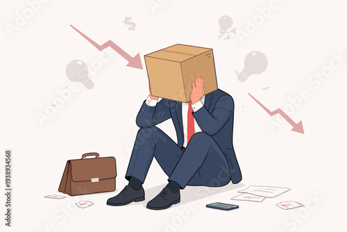 Stressed Businessman in Suit Sitting on Ground with Cardboard Box on Head, Representing Business Failure, Bankruptcy, Economic Crisis, and Loss of Ideas with Downward Arrows and Broken Lightbulbs.