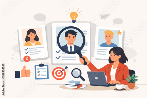 HR Manager Choosing Best Candidate for Job Vacancy, Human Resources Recruitment Process Concept with Woman Reviewing Resumes, Talent Acquisition, Hiring New Employee, Flat Vector Illustration