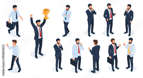 Large collection of isometric businessman characters in professional poses including walking, thinking, and celebrating a victory.