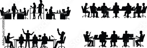Business meeting people silhouette set, corporate team discussion at conference table showing teamwork collaboration and office workplace communication concept