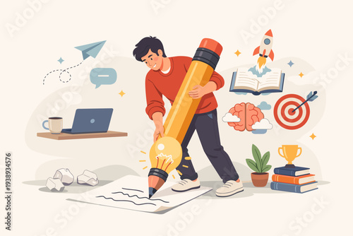 Creative copywriter or blogger holding giant pencil with lightbulb tip writing on paper, surrounded by symbols of inspiration, imagination, success, rocket, brain, target, trophy, and laptop computer.