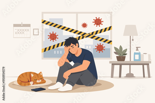 Exhausted Man Suffering from Pandemic Fatigue and Stress during COVID-19 Lockdown and Quarantine, Feeling Isolated and Alone at Home with Cat, Mental Health Concept Vector Illustration.
