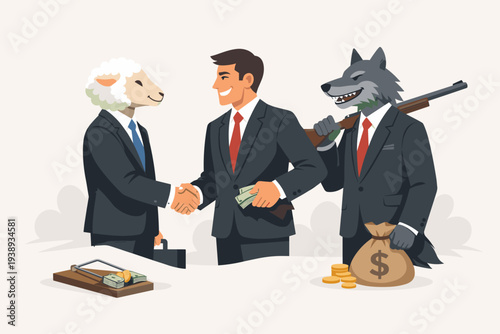 Business Deal Fraud Concept with a Man Shaking Hands with a Sheep While a Wolf with a Gun and Money Bag Hides Behind Him, Representing Deception, Betrayal, Scams, and Corporate Greed Vector.