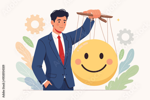 Professional businessman controlling a large yellow smiley face emoji like a puppet, symbolizing emotional intelligence, managing expressions, mental health, and positive mindset at work.