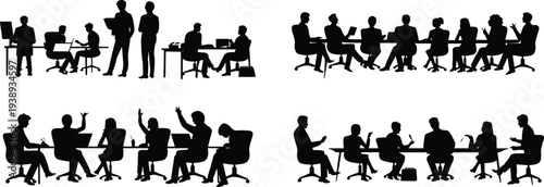 Business meeting people silhouette set, corporate team discussion at office table, teamwork collaboration and brainstorming concept isolated on white background