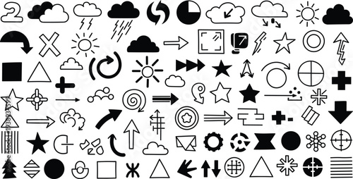 A collection of various black and white weather and geometric symbols