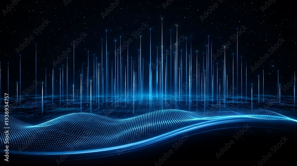 Naklejka premium Abstract digital landscape with glowing lines representing data flow and technology.
