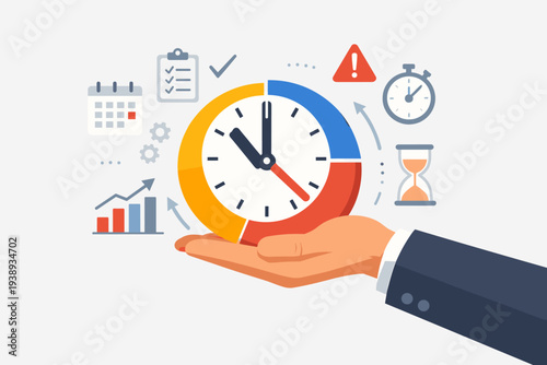 Time management and productivity concept with businessman hand holding a clock surrounded by icons for project planning, schedule, deadline, work efficiency, strategy, calendar, and checklist.