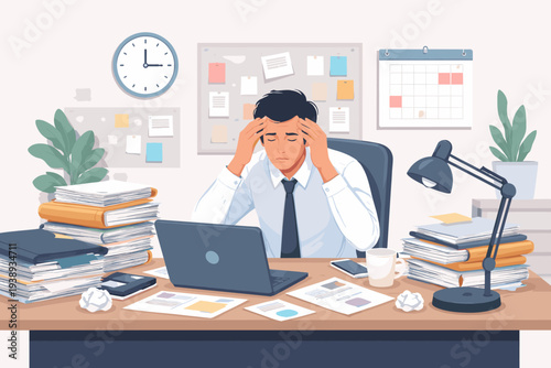 Stressed Businessman Overwhelmed by Heavy Workload and Deadlines at Messy Office Desk with Piles of Paperwork and Laptop, Depicting Professional Burnout, Fatigue, Anxiety, and Mental Exhaustion.