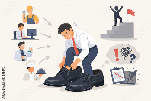 Businessman Trying to Fit into Oversized Shoes Representing Career Challenges, Job Responsibility, and Professional Skill Matching for Different Occupations like Chef, Scientist, and Engineer