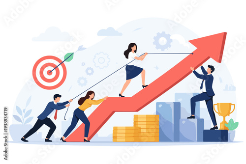 Business Teamwork and Collaboration Concept with People Working Together to Push a Large Red Growth Arrow Upward Towards a Target, Representing Success, Financial Achievement, and Goal Progress.