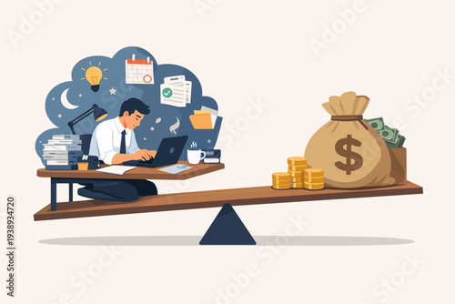 Hardworking Businessman Working Overtime at Night for High Salary and Financial Rewards, Concept of Work Life Balance, Career Motivation, Earning Money, Incentive and Productivity Illustration.