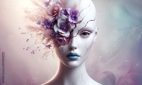 A face with a pristine white complexion, delicate blue lips, and cracked skin. Above the forehead, a floral bouquet of purple and pink flowers blooms, 
