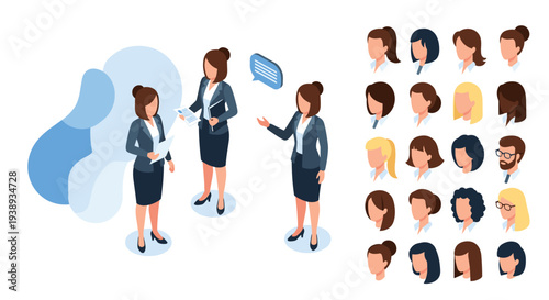 Character creation set for professional businesswomen featuring isometric poses and various facial appearance options for avatars.