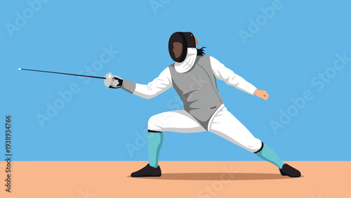 Professional fencer wearing full protective gear in a dynamic lunge position during a match or training session.