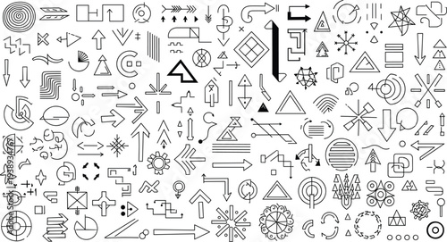 Collection of various cryptic symbols and geometric shapes in black and white