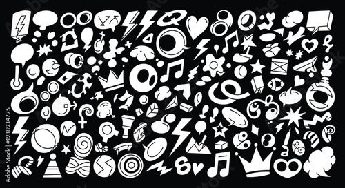 A collection of various white icons and symbols on a black background
