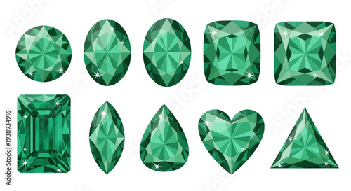 Green gemstone collection with faceted jewel shapes isolated