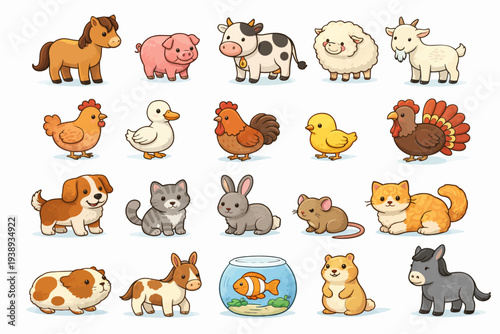 Collection of various cartoon animals including mammals and birds in a digital illustration from a direct viewpoint