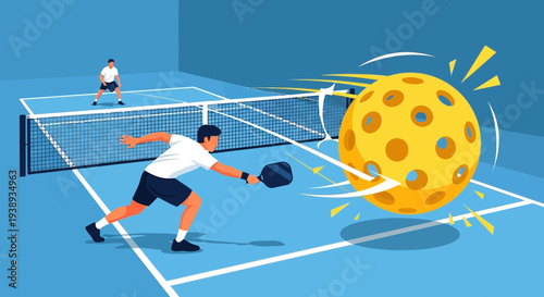 Pickleball player on blue court with oversized yellow ball