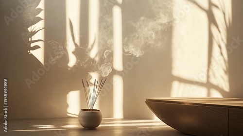 A calming space with incense, soft shadows, and natural light inviting relaxation.