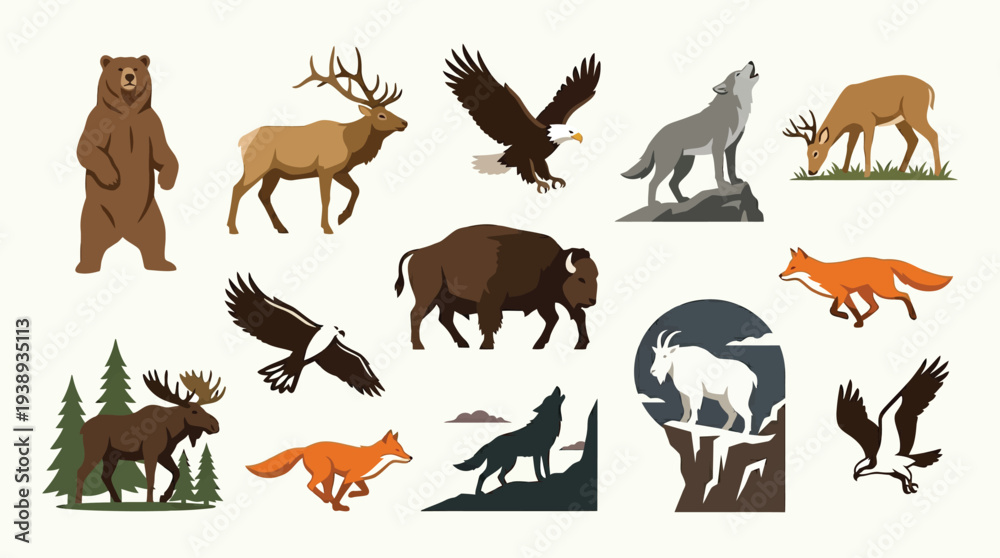 Obraz premium Collection of North American Wildlife Animals in Various Poses and Natural Habitats.