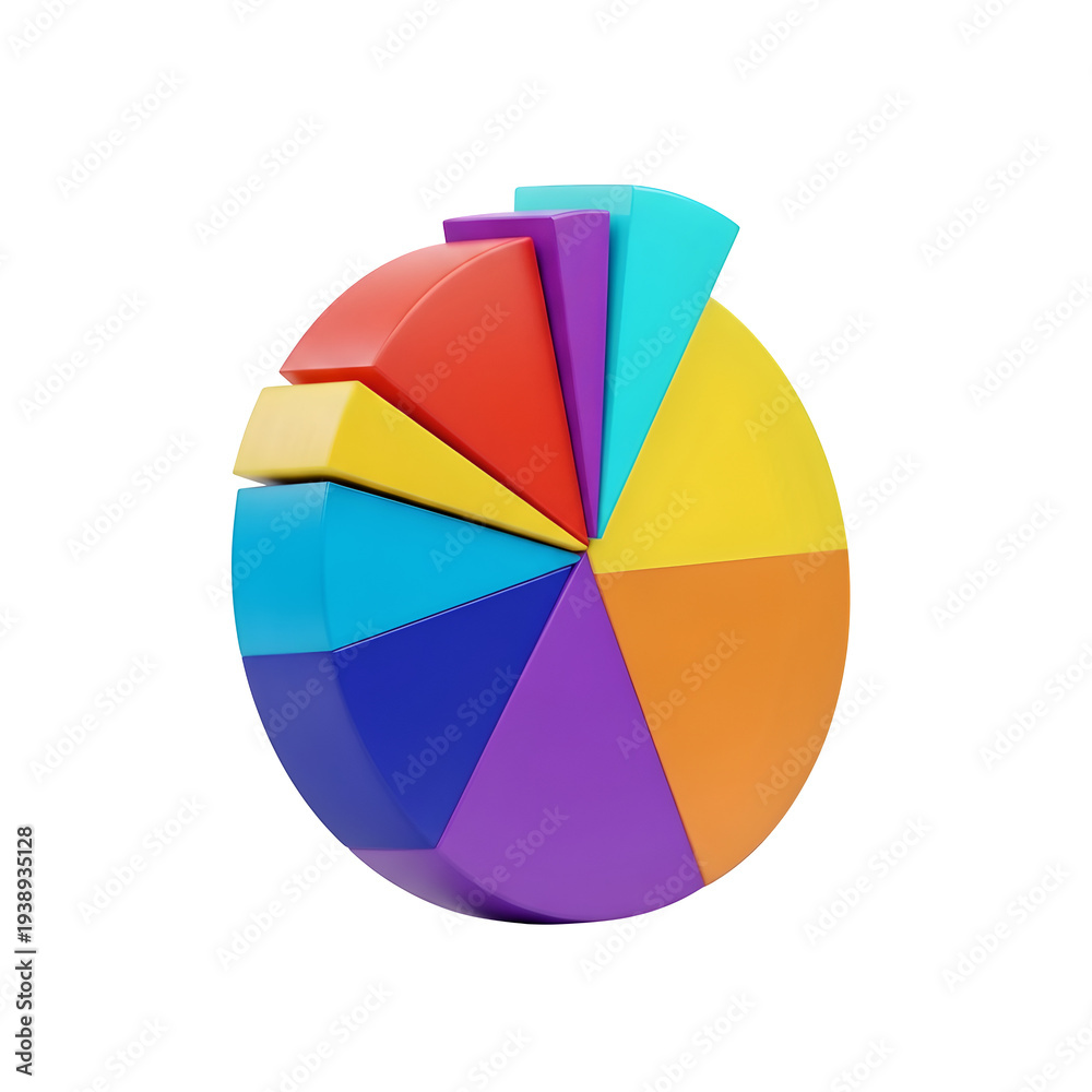 Obraz premium 3D colorful pie chart segments exploding isolated on transparent background