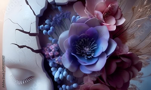 A face with a pristine white complexion, delicate blue lips, and cracked skin. Above the forehead, a floral bouquet of purple and pink flowers blooms,