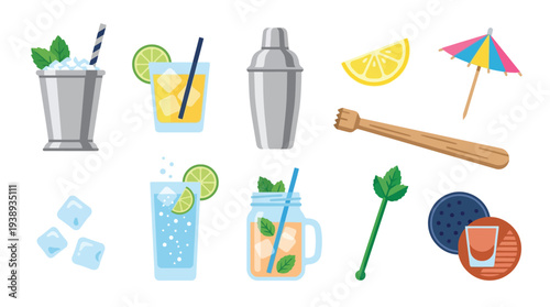 A collection of cocktail ingredients and bar tools, including drinks, ice, shakers, and garnishes, presented in a flat design style.