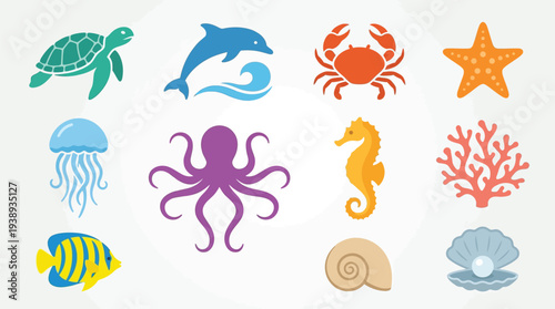 A vibrant collection of stylized marine life illustrations, including a sea turtle, dolphin, crab, starfish, jellyfish, octopus, seahorse, coral, fish, and seashell.