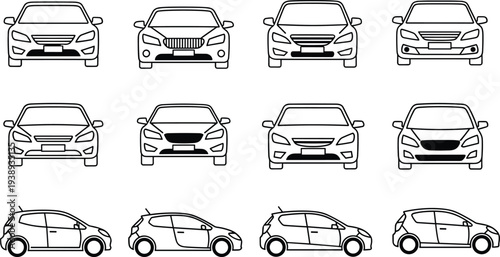 Car outline icon set with front view sedan and hatchback vehicle line icons collection for transportation, automotive design