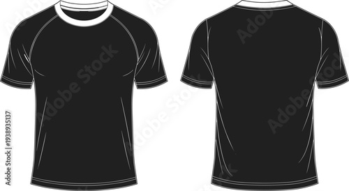 Blank t shirt front and back view vector mockup, black casual tee template for clothing design, apparel branding, print ready illustration