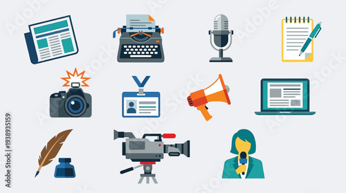 A collection of journalistic and media-related icons, including a typewriter, camera, microphone, and laptop.