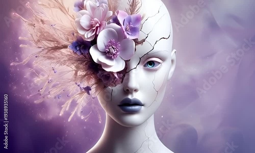 A face with a pristine white complexion, delicate blue lips, and cracked skin. Above the forehead, a floral bouquet of purple and pink flowers blooms, 
