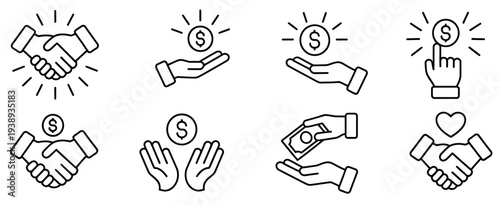 Financial deal icons, showcasing hand-drawn money, handshake, and partnership symbols for business agreements, financial presentations, and vector illustration projects.