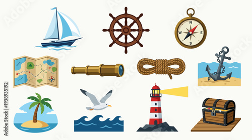 A collection of nautical and maritime adventure icons, including a sailboat, compass, spyglass, anchor, and treasure chest.