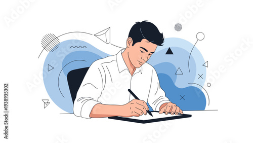 Young creative professional man focused on drawing and sketching on a digital graphics tablet in a modern minimalist workspace setting.