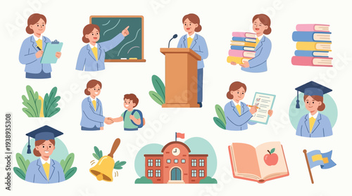 Collection of illustrations depicting teachers, students, school buildings, and educational elements, symbolizing learning and academic activities.