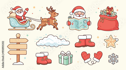 A charming collection of Christmas-themed illustrations featuring Santa Claus, his reindeer, sleigh, gifts, boots, mittens, a map, a signpost, a cloud, and festive stars and snowflakes.