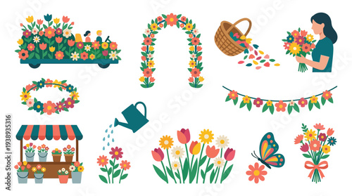 A vibrant collection of spring-themed floral illustrations, including a flower cart, an archway, a bouquet, and decorative elements.