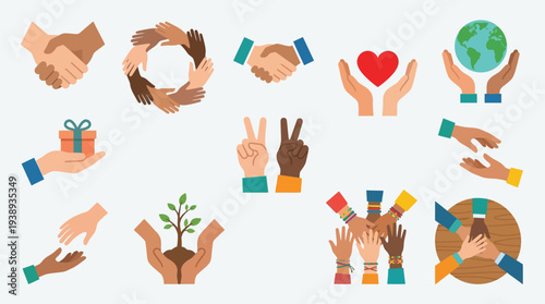 A collection of diverse hands symbolizing unity, support, giving, and global cooperation through various illustrative icons.