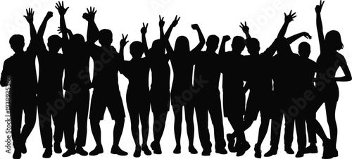 Cheering crowd silhouettes, excited people raising hands group, celebration party audience, festival fans jumping together, social gathering concept