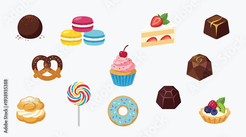 A delightful assortment of sweet treats including chocolates, macarons, a slice of cake, a cupcake, a donut, a pretzel, a cream puff, and a fruit tart.