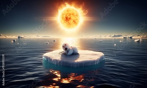 A snowman floats on an ice floe in the sea, under a sky bathed in the scorching sun.