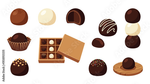 A delightful assortment of various chocolate truffles and pralines, showcasing different shapes, fillings, and toppings, presented in a box and individually.