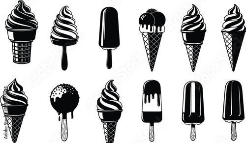 Ice cream cone and popsicle vector icon set, black silhouette frozen dessert collection, sweet summer treat waffle cone gelato soft serve illustration