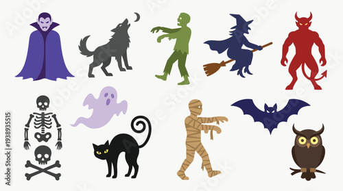 Collection of Halloween-themed cartoon characters and symbols, including a vampire, werewolf, zombie, witch, devil, skeleton, ghost, black cat, mummy, bat, and owl.
